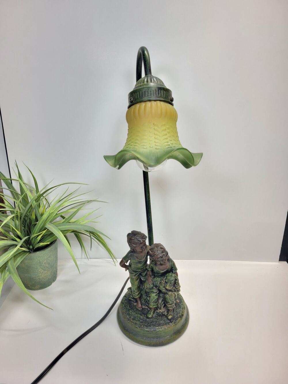 Vintage Art Nouveau Style Table Lamp Boy Girl Statue Tulip Glass Shade, China